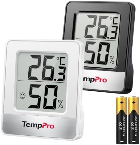 TempPro Thermo-Hygrometer Innen Digital Hygrometer Raumthermometer | Kompaktes Luftfeuchtigkeitsmesser mit Komfortanzeige,°C/°F, Magnet & Standfuß für Raumklima Schwarz+Weiß ( Ex-T