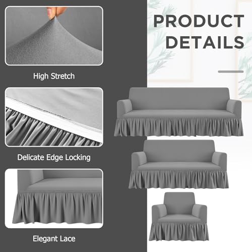 3 Pcs Sofa Slipcover Set for Couch Cushion Durable Washable High Elastic Stretchable Furniture Couch Covers with Skirt for Sofa Loveseat Arm Chair(Gray,Milk Silk) - Image 4