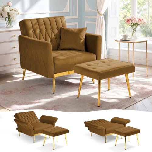 ACMEASE Velvet Accent Chair w/Ottoman & Adjustable Backrest, Brown