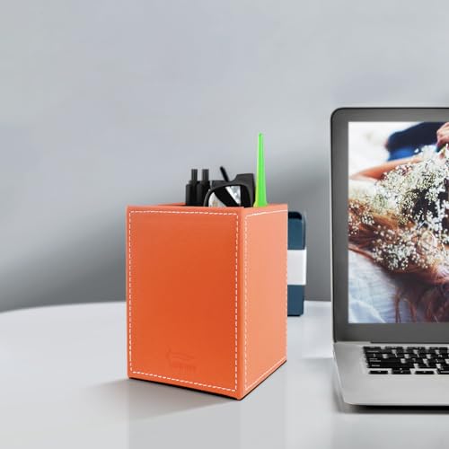 Image of Pen Pencil Holder Cup Container PU Leather Desk Organizer Stand Decor Brush Scissor Holder Decoration Office Desk Home School (Orange, 3.54 inch x 3.54 inch x 4.72 inch)