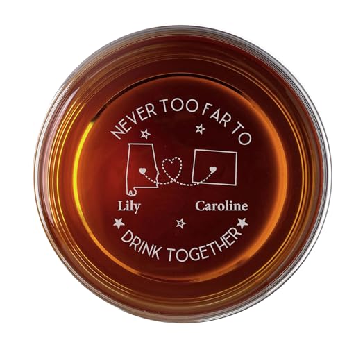 Never Too Far to Drink Together Whiskey Glass - Custom Bottom Engraved Long Distance Friendship Gift for Men & Women, Personalized Birthday Gifts for Friends, Boyfriends, Leaving Gifts (State)