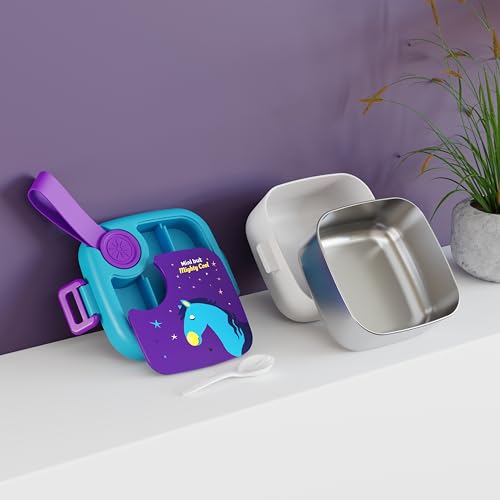 Image of Stainless Steel Lunch Box with Spoon, Leak-Proof Kids Tiffin Box, Durable Eco-Friendly School Lunch Container for Boys & Girls | LUNCHMATE Mini But Mighty Cool (500 ML - Purple & Blue)