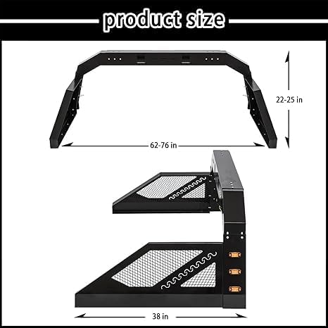 Truck Roll Bar Chase Rack Universal Compatible with Pickup, 6 Amber Auxiliary Side Marker Lamps, Adjustable Sport Roll Bar No Drilling Fine Textured Black