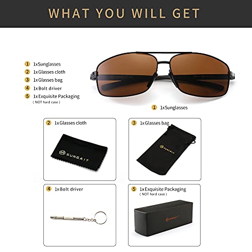 SUNGAIT Ultra Lightweight Rectangular Polarized Sunglasses Men UV400 Protection (Black Frame Brown Lens, 62) Metal Frame SGT458 HEKC - Thumbnail 6