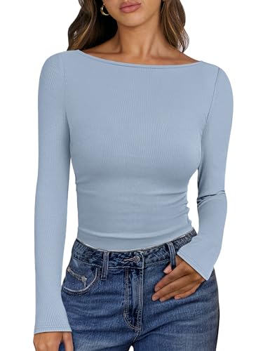 Image of ANRABESS Women's Boat Neck Long Sleeve Shirts Rib Knit Slim Fitting Tops Basic Tees 2026 Casual Comfy Fall Outfits Clothes