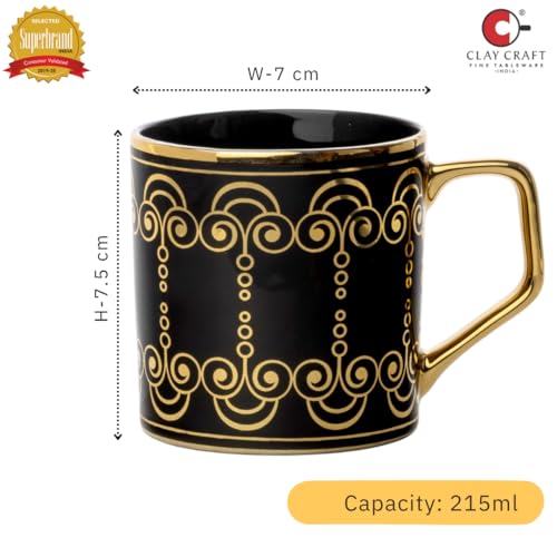Image of Clay Craft Premium Ceramic Tea & Coffee Cups Set of 6 - Black & Gold Printed Designer Mugs with Golden Handle | Elegant Luxury Pattern | Ideal for Home, Office & Gifting