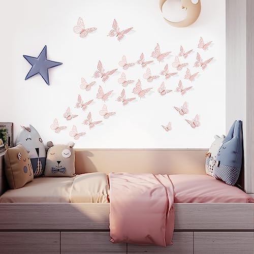 Image of SAOROPEB 3D Butterfly Wall Decor 48 Pcs Pink Butterfly Decorations | 4 Styles 3 Sizes, Birthday Decorations Pink Room Decor Butterfly Party Decorations Cake Decorations, Removable Wall Stickers