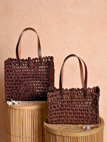 Image of KADAM HAAT Handmade Sabai Grass Lunch Bag | Dry Grass Bag for Lunch and Bottle | Tiffin Box Bag for School or Office with Leather Handle (Brown)