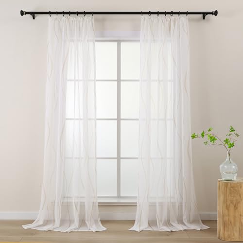 L.Z.E Cortinas blancas y beige para salón, cortinas con cinta fruncidora para sistema de rieles, cortinas transparentes para dormitorio, juego de 2 unidades, aspecto de lino, moderno, 225 cm de largo