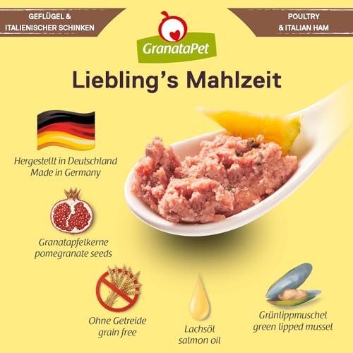GranataPet Liebling's Mahlzeit Geflügel & italienischer Schinken, Nassfutter für Hunde, Hundefutter ohne Getreide & ohne Zuckerzusätze, Alleinfuttermittel, 6 x 400 g