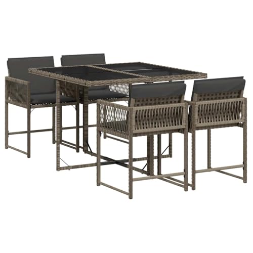 vidaXL Garten Essgruppe 5-TLG., Gartenmöbel Set Tisch mit 4 Stühle, Gartengarnitur mit Kissen, Sitzgruppe Essgarnitur Terrasse, Grau Poly Rattan