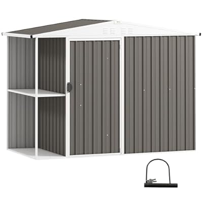Outsunny 8 x 4ft Outdoor Storage Shed, Metal Garden Shed with 2-Tier Storage Rack, Air Vents and Lockable Door, Tool Shed for Backyard, Patio, Lawn, Warm Gray