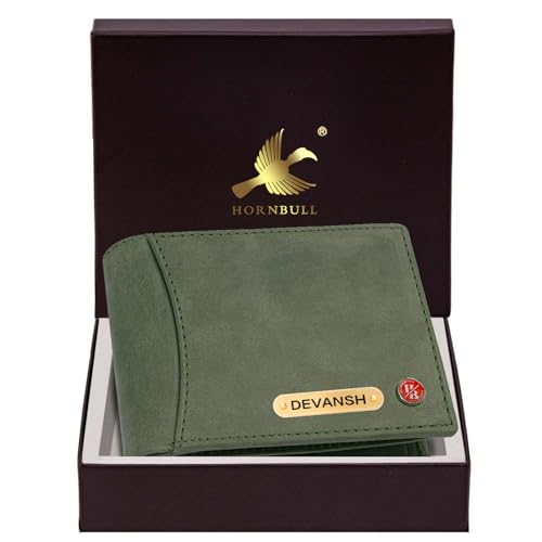Image of HORNBULL Men's Personalized Wallet I Customized Slim Stylish Leather Purse with Name I Unique Birthday Gift for Men Boy Love Husband (Olive)