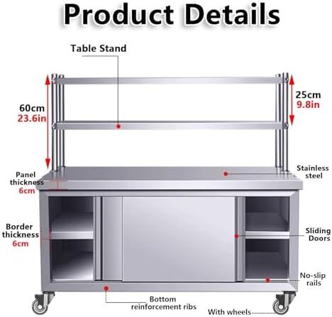 Heavy Duty Stainless Steel Work Table Cabinet with 2 Sliding Doors, Commercial Kitchen Prep Table for Restaurant & Home, Large Storage & Chopping Surface, Durable Metal Design