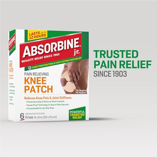 Absorbine Jr. Knee Pain Relief Patches, Fast Acting Pain Patch with Menthol for Knee Pain, Muscle Cramps and Joint Pain, 12 Hours of Long Lasting Relief with Sweat Proof Technology, 6 Count
