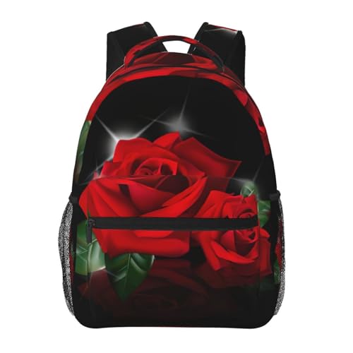 Sac à dos en toile noir imprimé roses rouges homme femme léger