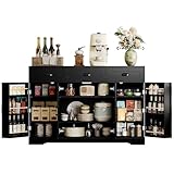 IRONCK Buffet Cabinet with Storage, Sideboards with 4 Doors, Kitchen Storage Cabinet with 6 Adjustable Shelves, Modern Coffee Bar with 3 Drawers, Black
