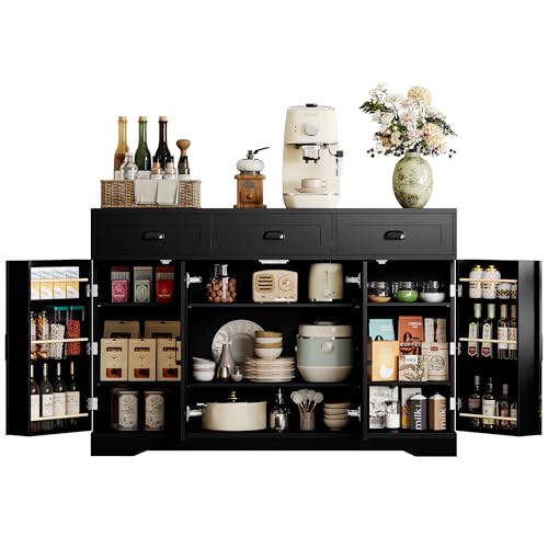 IRONCK Buffet Cabinet with Storage, Sideboards with 4 Doors, Kitchen Storage Cabinet with 6 Adjustable Shelves, Modern Coffee Bar with 3 Drawers, Black