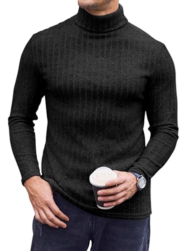 Ekouaer Mens Jumper Thermal Top Base Layers Turtleneck Long Sleeve Slim Fit Fall Winter Thermal Underwear Ribbed Lightweight, Black, L