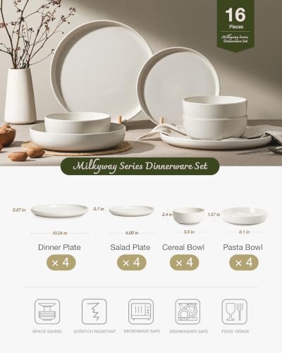 Image of Famiware Milkyway Stoneware Dinnerware Sets with Pasta Bowls, Service for 4 (16 Pieces), Reactive Glaze Plates and Bowls Sets, Microwave and Dishwasher Safe Dishes Set, Matte Beige White
