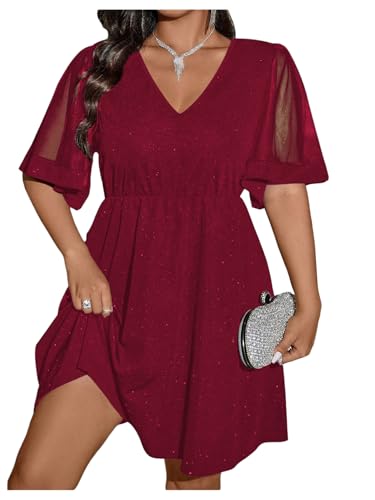 Floerns Women's Plus Size Mesh Flounce Sleeve V Neck Glitter A Line Dress