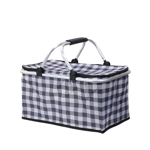 保冷バスケット 蓋付き保温バッグ お買い物 バック ピクニックバッグ 大容量保冷バッグ 折りたたみ 持ち運び 防水 お手入れが簡単 お花見 バーベキュー 釣り キャンプ 徒歩 運動会 旅行に最適 (紺色の格子です)