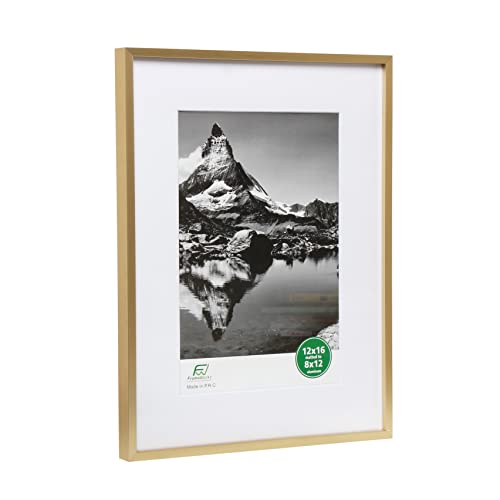 Frameworks 12”X16” Matted To 8”X12” – Deluxe Brass Gold Aluminum Contemporary Picture Frame With Tempered Glass And Removable Mat #TOP1