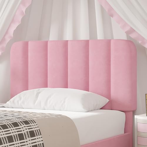 Image of VECELO Twin Size Bed Frame with Upholstered Headboard, Velvet Platform Bedframe Mattress Foundation, Strong Wood Slat Support, No Box Spring Needed,Pink