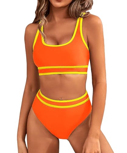 Bikinis Mujer Dos Piezas Sexy Push Up Bañadores Deportivo Conjunto de Bikini Reductores Bañador de Playa Cintura Alta Traje de Baño de Tanga Brasileño Tankini con Relleno (Naranja, XL)