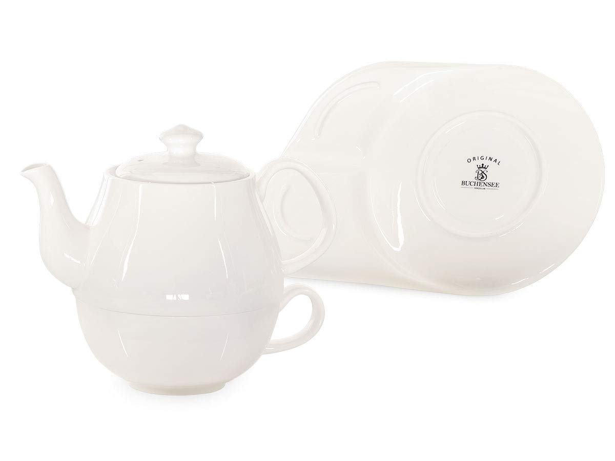 Tea for One Daisy 600ml aus Crystal Bone China Porzellan in fein-cremigem Weiß. Teekanne + Teetasse + Untersetzer mit praktischen Ablageflächen