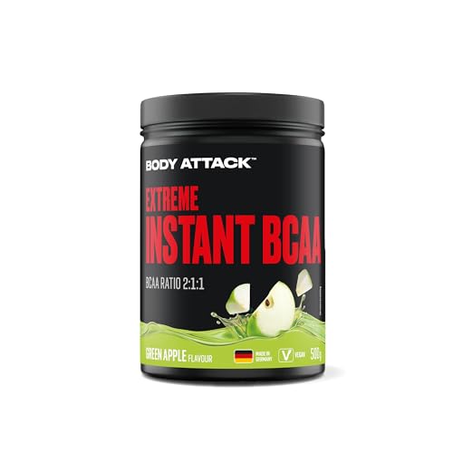 Body attack Extreme Instant BCAA - 500 g - Green Apple - Made in Germany - Gut lösliches, veganes BCAA Pulver im Verhältnis 2:1:1 - Zuckerfreie Aminosäuren für intensives Training - Mit L-Leucin