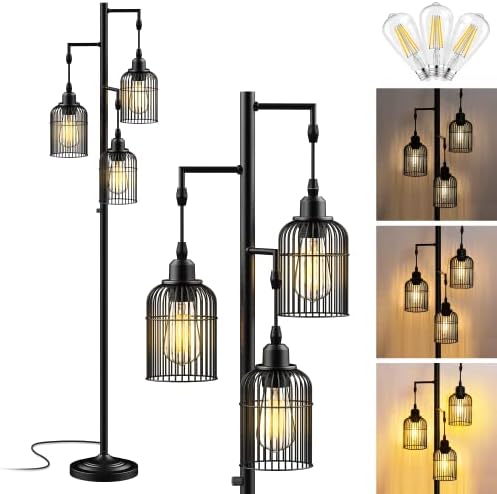 QiMH Industrial Floor Lamp for Living Room,LED Farmhouse Standing Lamp with 3 Birdcage Hanging Shade, Dimmable Tall Lamp Rustic Home Decor for Bedroom Office, Black (Bulbs Included)