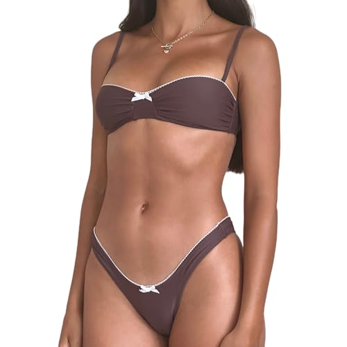 Women Halter String Bikini Set Floral Print Sexy Thong Cheeky Two Piece Swimsuits Lace Trim Bow Bathing Swimwear