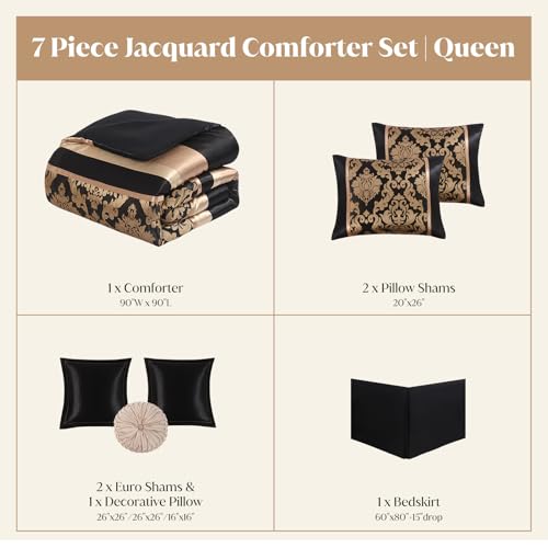 Image of CozyDH Black Gold Floral Comforter Set Queen - 7 Piece Luxury Jacquard Vintage Patchwork Bed in a Bag, All Season Down Alternative Bedding with Bed Skirt, Shams, Decorative Pillow, 90x90 in