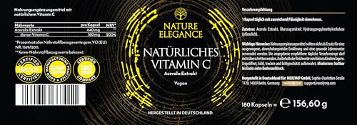NATURE ELEGANCE Natürliches Vitamin C aus Acerola – Hochdosiert & vegan – 180 Kapseln für 6 Monate – Ohne Zusätze – Gepuffert & gut verträglich – Vitamin C hochdosiert in Deutschland produziert