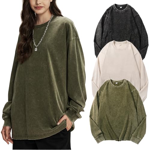 Oversized T-Shirts for Women Long Sleeve Acid Wash Baggy T Shirts