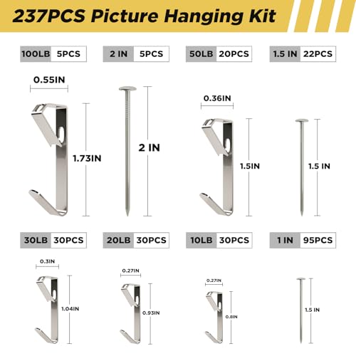 Image of Picture Hanging Hooks 237 Pieces,10LB 20LB 30LB 50LB 100LB Picture Hangers ,Nails Hanging Kit, Metal Picture Hangers for Drywall Wooden Wall,Silver