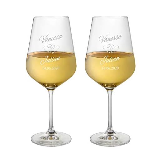 AMAVEL 2er Set Weingläser, Rotweinglas mit Gravur zur Hochzeit, Motiv Herzen, Personalisiert mit Namen und Datum, Füllmenge: 500 ml