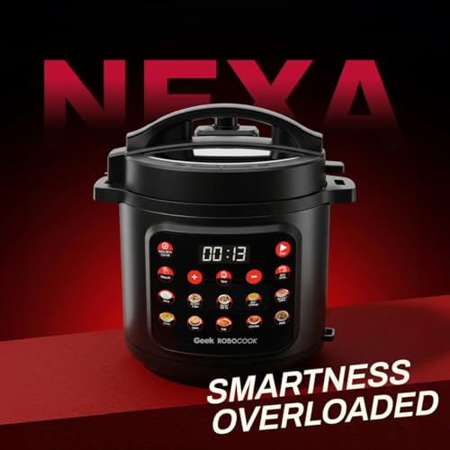 Image of Geek Robocook Nexa V6 Automatic Electric Pressure Cooker | 12 Indian Menus | SenseTouch Display | Rice, Biryani, Dal, & More | SafeClamp 360 10-Layer Safety | Stainless Steel Pot (6 Litre | Black)
