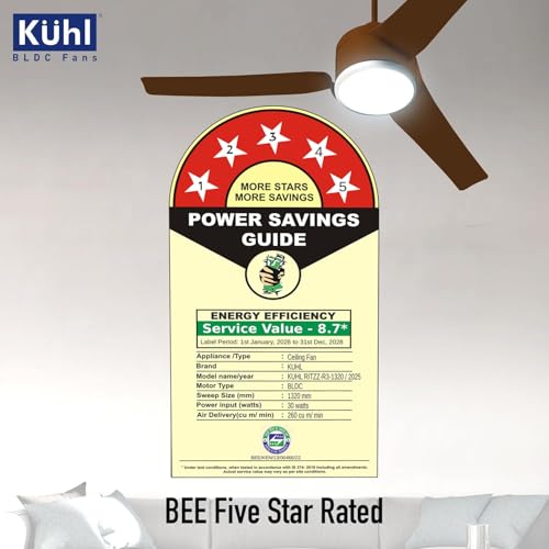 Image of KUHL Ritzz R3 1320 mm 65% Power Saving BLDC Ceiling Fan | BEE 5 Star Rated & ISI Marked | High Air Flow| 5Year Warranty on Motor By Brand | Free Installation | IoT - Operate via Mobile & Alexa | Brown