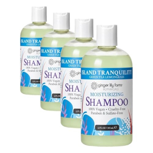 Image of Ginger Lily Farms Botanicals Moisturizing Shampoo for All Hair Types, Island Tranquility, 100% Vegan & Cruelty-Free, Green Tea Lemongrass Scent, 12 Fl Oz (Pack of 4)