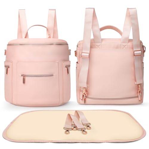 Image of miss fong Pink Diaper Bag Backpack Baby Diaper Bag, Large Leather Diaper Backpack with 16 Pockets Travel Diaper Bag with Diaper Changing Pad,Pink Baby Backpack Stroller Straps & 2 Insulated Pockets