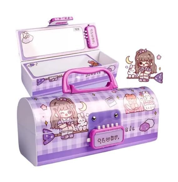 Image of Double Password Lock Cartoon Pencil Case | Multifunctional Stationery Organizer Box | Suitcase Shape Pencil Case for Boys and Girls for Birthday Gift (Pack of 1) (Lucky-Purple)