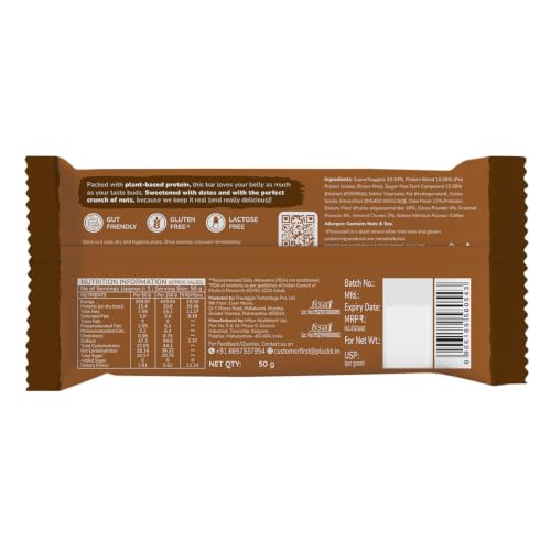 Image of Upnourish by Pluckk Plant Protein Bar - Pack of 18 (50g Each) | 15g Protien , 2g Fiber | No Added Sugar & Preservatives | Protein Bar without sugar | Lactose & Gluten Free | Gut Friendly | Cafe Mocha Flavoured - 300g