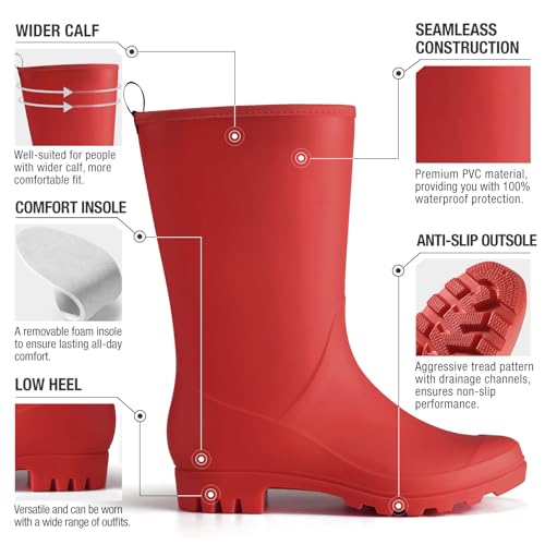 Image of HISEA Women Rubber Boots Wide Calf Rain Boots Matte Surface Waterproof PVC Rubber Rain Boot Mid Height Rain Shoes for Outdoor Gardening Work Walking
