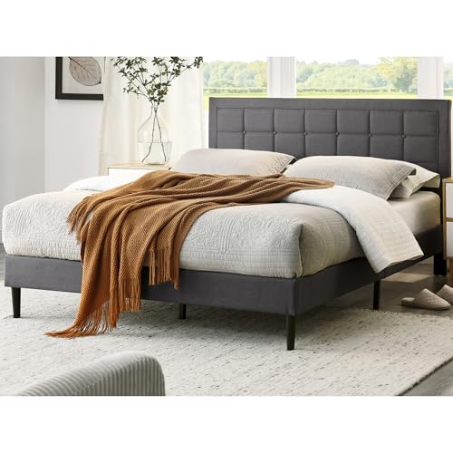 Decoro Mornington Upholstered Platform Bed | Headboard and Metal Frame with Wood Slat Support | Light Grey, King