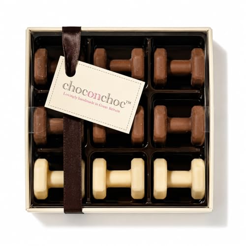Image of Choc on Choc - Chocolate Dumbbells - Handmade Belgian Chocolate Gym Weights - Novelty Gift for Fitness Lovers, Secret Santa, Stocking Fillers, Christmas Fun - 9 Pieces - 75g