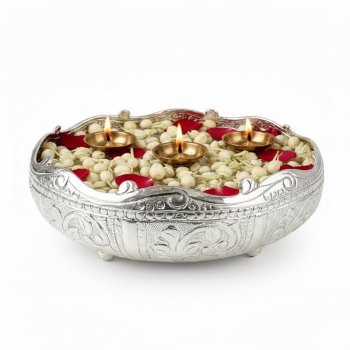 Image of Decorative Embossed 12inch German Silver Urli Bowl | Aluminium Urli Pot for Floating Flowers and Tea Light Candles Home Office Diwali Decoration Items | 1.5 L Capacity