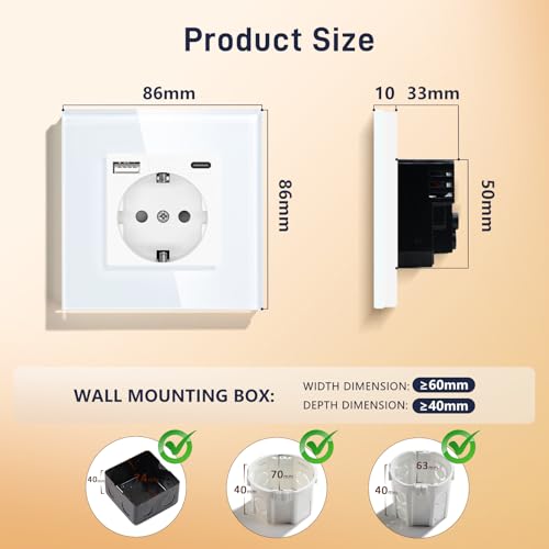 BSEED Schuko-Steckdose mit USB A und Tpye C, 1 Gang, 2er-Pack, Wandsteckdose mit USB, 16 A, mit Glasplatte, 86 x 86 mm, Wei&szlig;