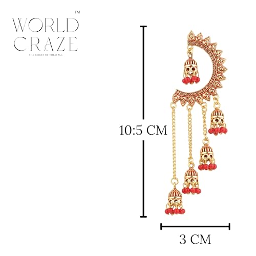 Image of WORLD CRAZE Multicolour long kashmiri jhumka for women chandbali earrings chand baliyan | kashmiri earrings for women | bahubali earrings stylish | Traditional Indian Festive Jewelry | Long Chain Tassels | Pearl Drop Latkan Jewellery (Multi colour)